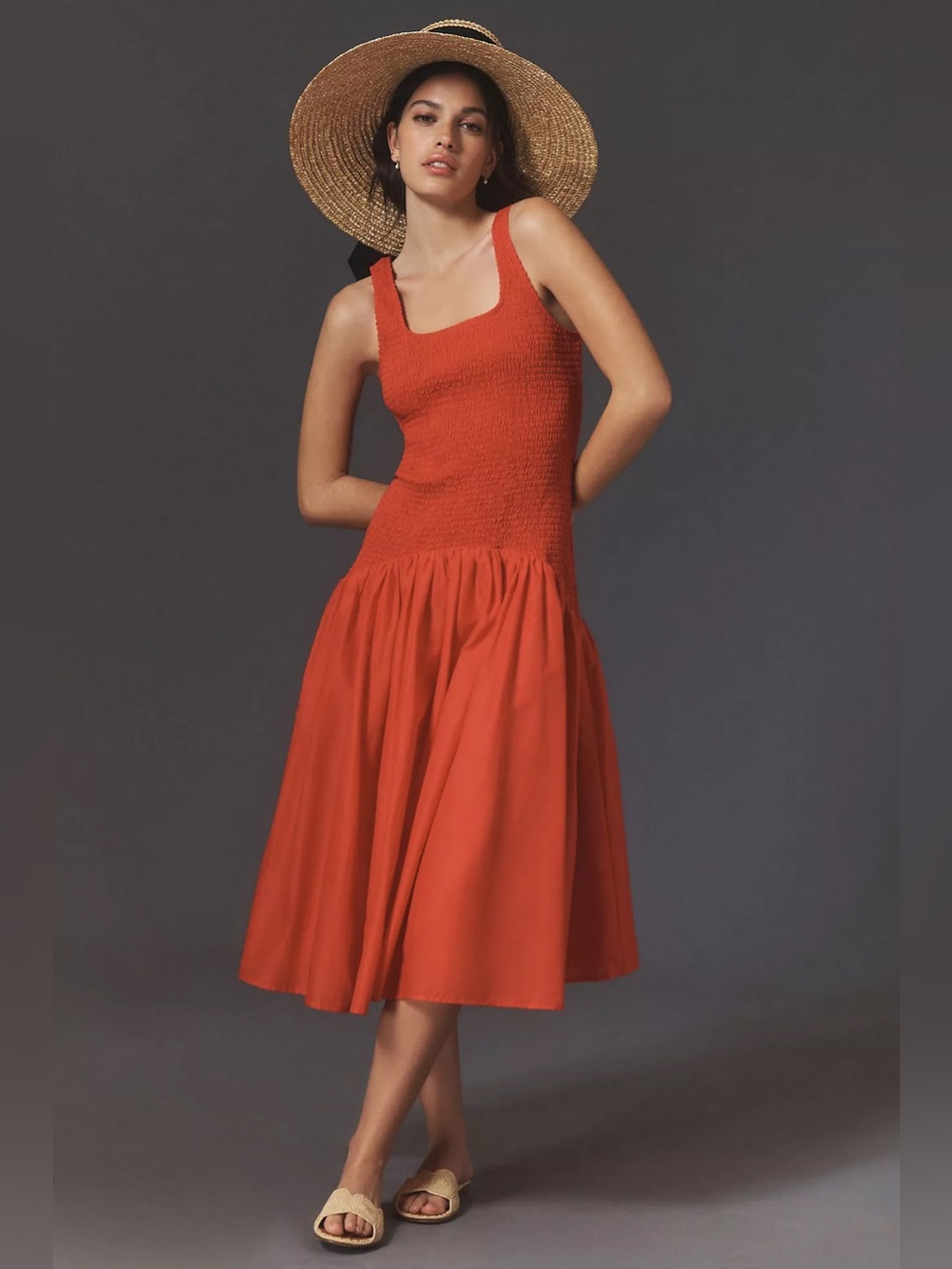 Hutch anthropologie Red Smocked Square Neck Midi Dress Size LP 8992